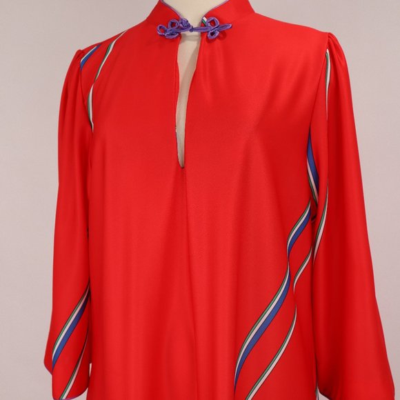 Vtg 70's Lisanne Floral Abstract Red Long Caftan Loungewear Nightgown Robe Asian - Picture 3 of 9